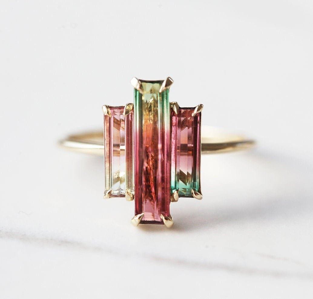 Watermelon Tourmaline Ring, Baguette Engagement Ring, Pink Green Three Stone Ring, Rose Gold Ring