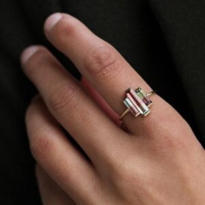 Watermelon Tourmaline Ring, Baguette Engagement Ring, Unique Three Stone Ring, Pink Wedding Ring Watermelon Tourmaline Ring, Baguette Engagement Ring, Unique Three Stone Ring, Pink Wedding Ring
