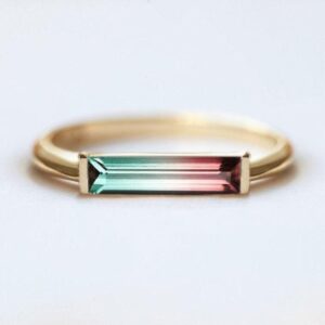 Watermelon Tourmaline Ring, Bicolor Engagement Ring, Unique Baguette Ring, Pink Green Ring Watermelon Tourmaline Ring, Bicolor Engagement Ring, Unique Baguette Ring, Pink Green Ring