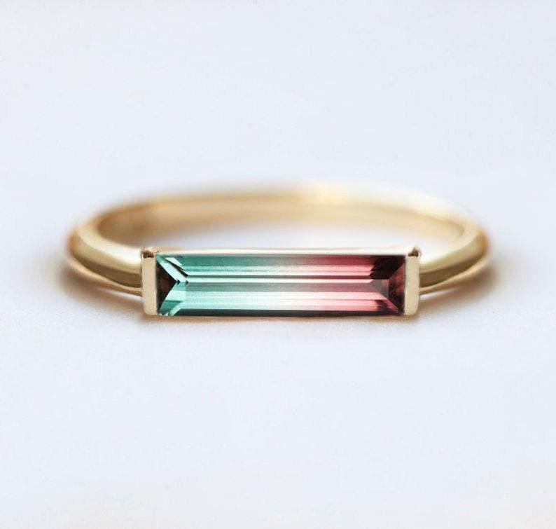 Watermelon Tourmaline Ring, Bicolor Engagement Ring, Unique Baguette Ring, Pink Green Ring