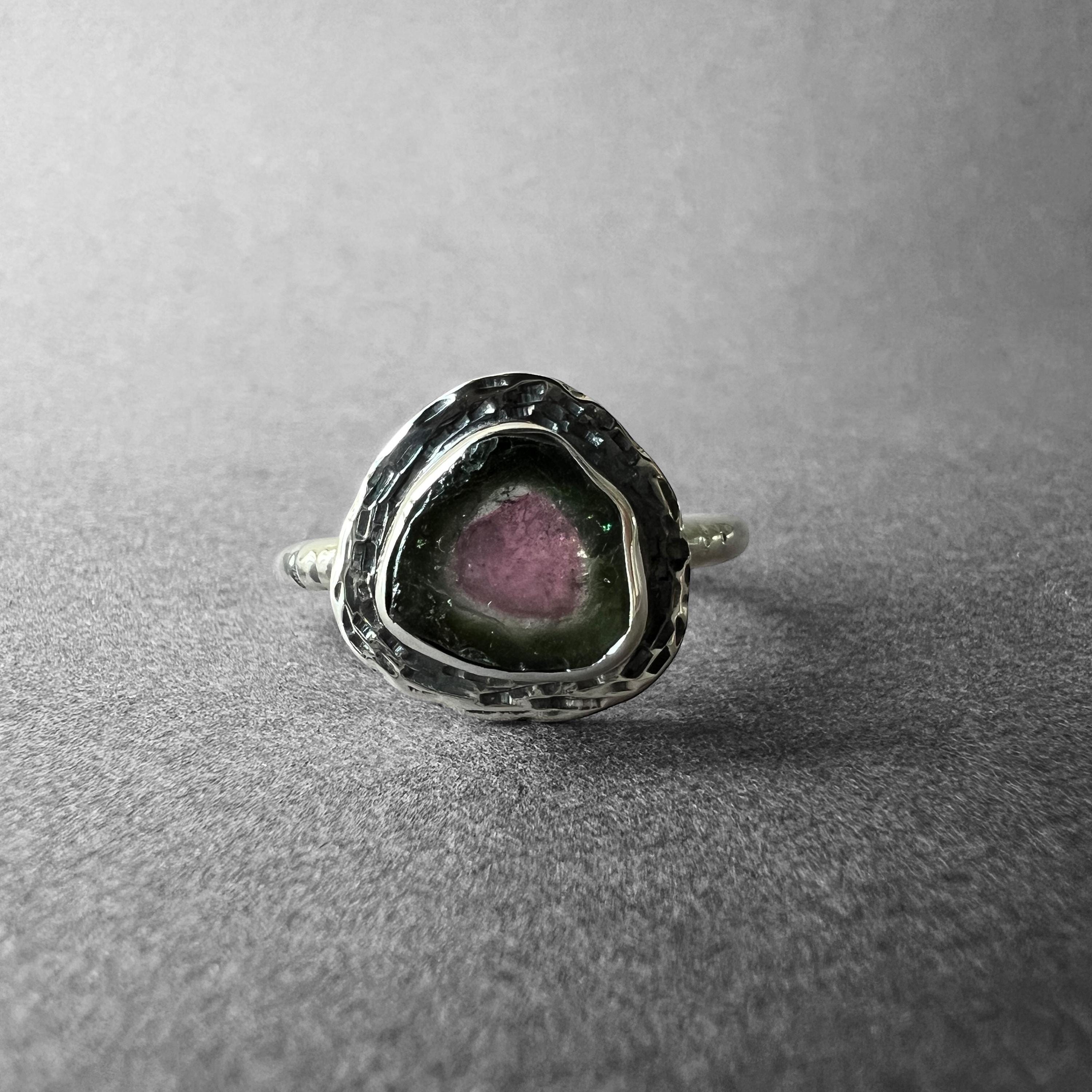 Watermelon Tourmaline Crystal Slice Silver Ring, One-of-a-kind Jewelry From Turkuaznaturalstones