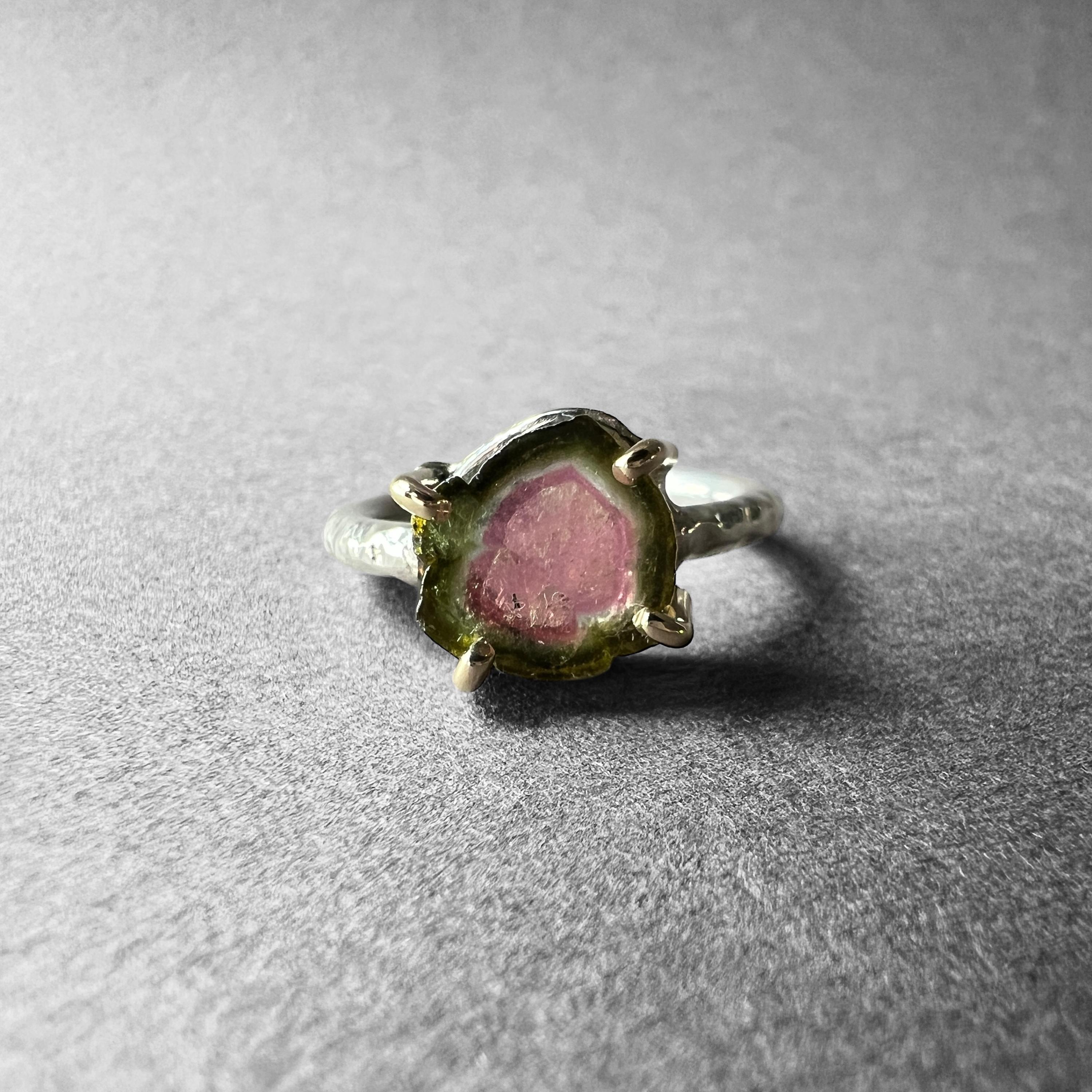 Watermelon Tourmaline Crystal Slice Silverand Gold Ring, One-of-a-kind Jewelry From Turkuaznaturalstones Watermelon Tourmaline Crystal Slice Silverand Gold Ring, One-of-a-kind Jewelry From Turkuaznaturalstones