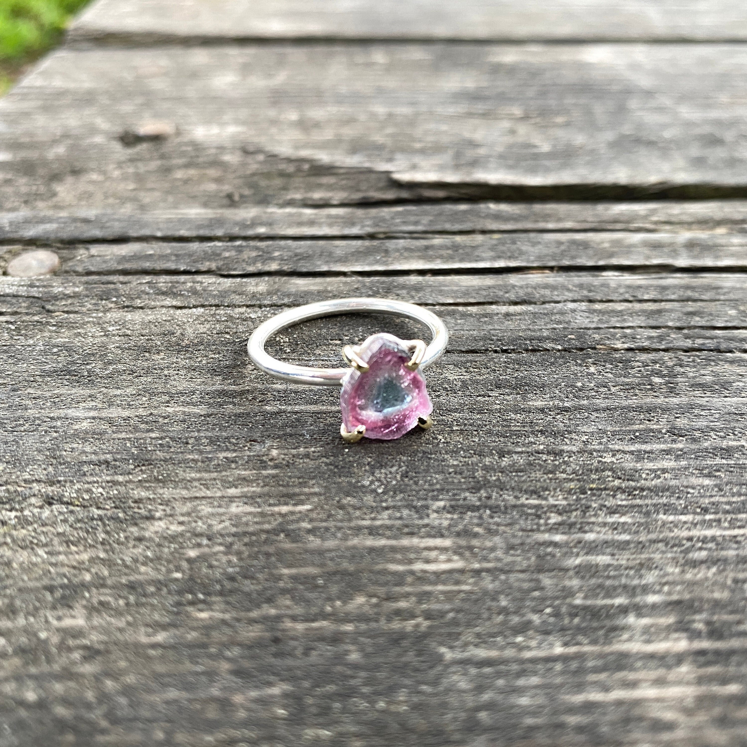 Watermelon Tourmaline Crystal Slice Silver And Gold Ring, One-of-a-kind Jewelry From Turkuaznaturalstones