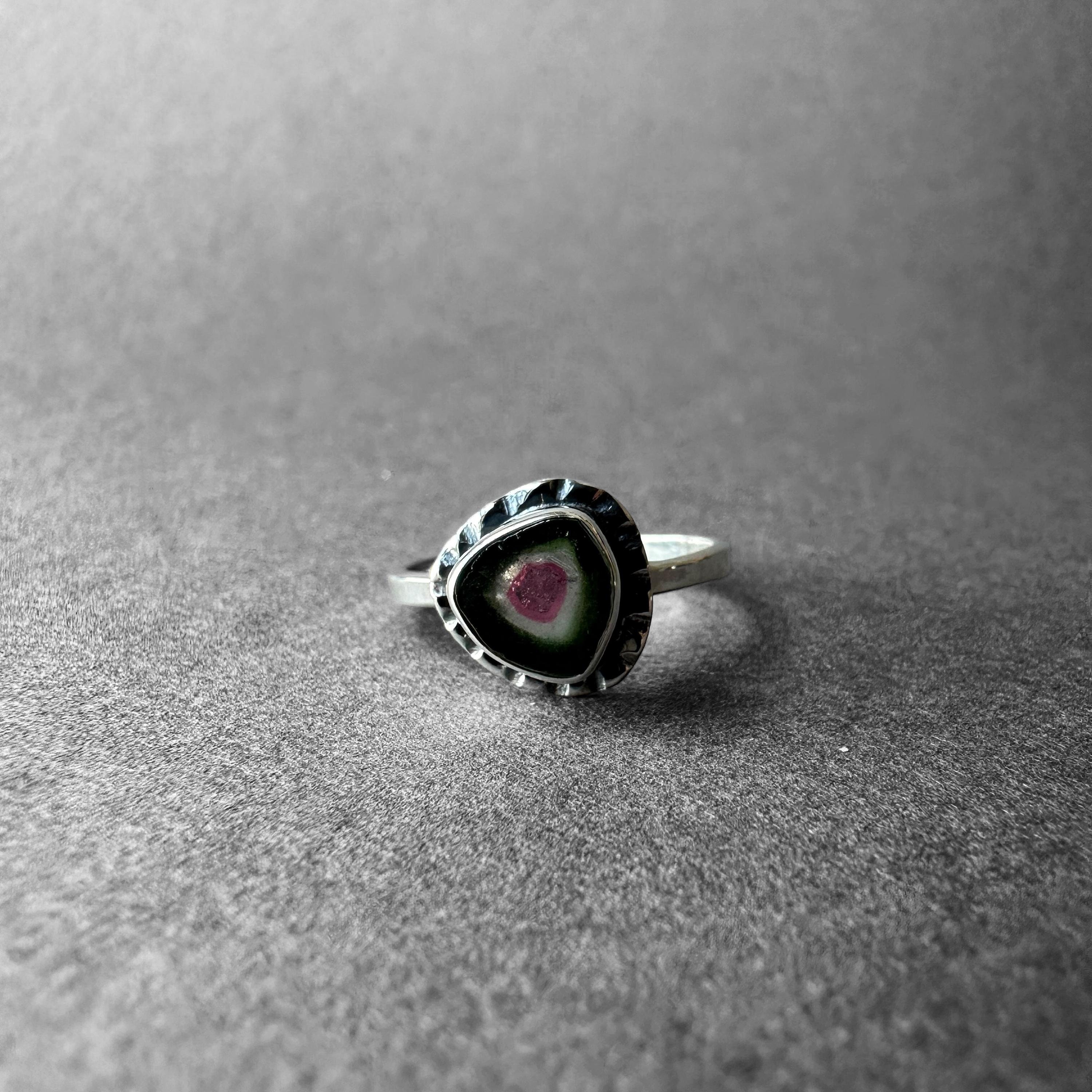 Watermelon Tourmaline Crystal Slice Silver Ring, One-of-a-kind Jewelry From Turkuaznaturalstones