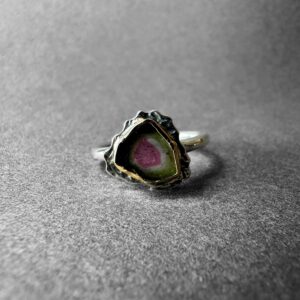 Watermelon Tourmaline Crystal Slice Silver and 14K Gold Ring, One-of-a-Kind Jewelry from TurkuazNaturalStones Watermelon Tourmaline Crystal Slice Silver and 14K Gold Ring, One-of-a-Kind Jewelry from TurkuazNaturalStones