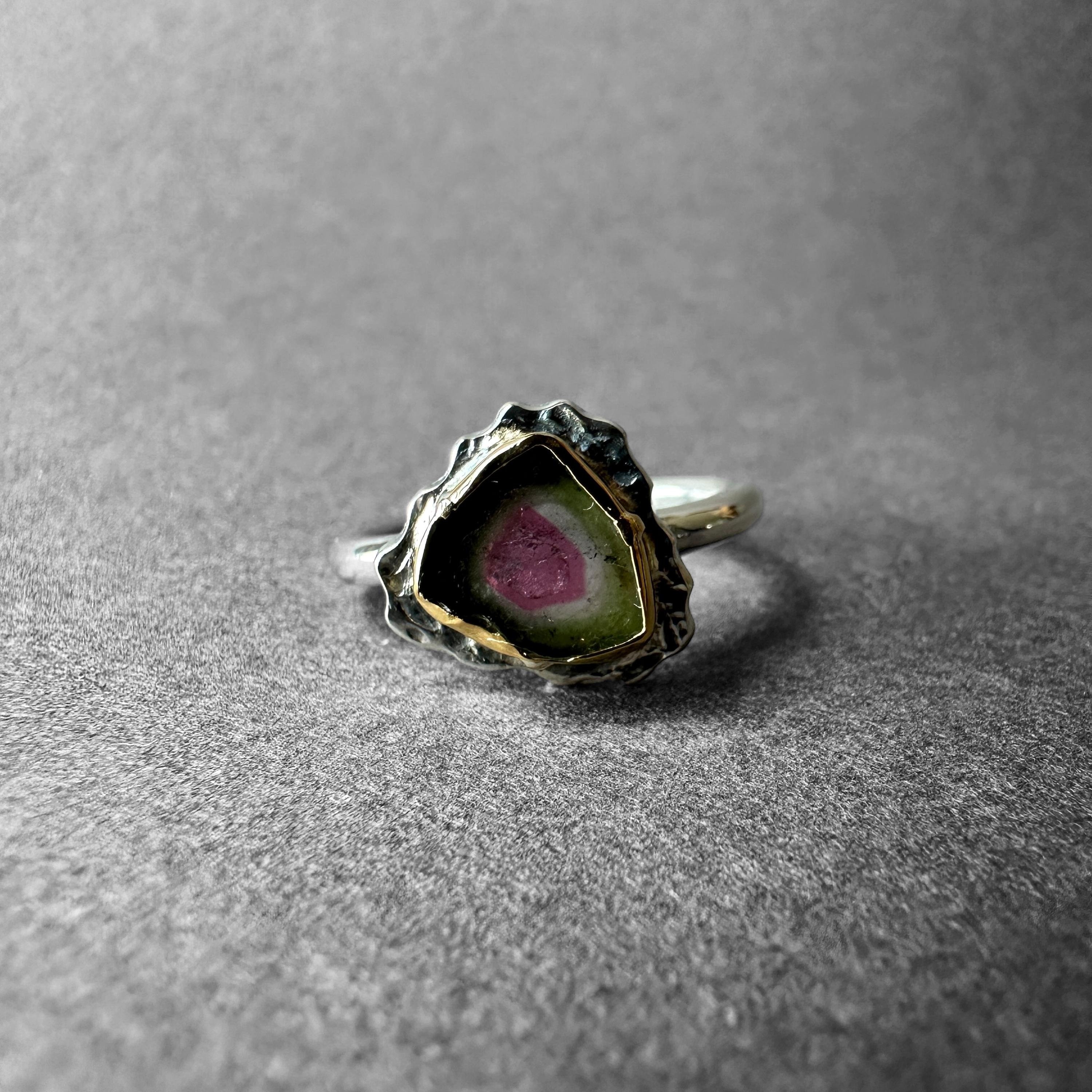 Watermelon Tourmaline Crystal Slice Silver And 14k Gold Ring, One-of-a-kind Jewelry From Turkuaznaturalstones