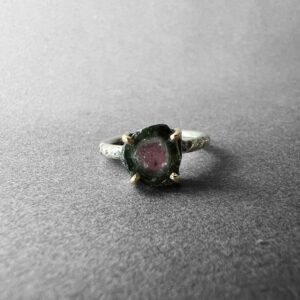 Watermelon Tourmaline Crystal Slice Silver and 14K Gold Ring, One-of-a-Kind Jewelry from TurkuazNaturalStones