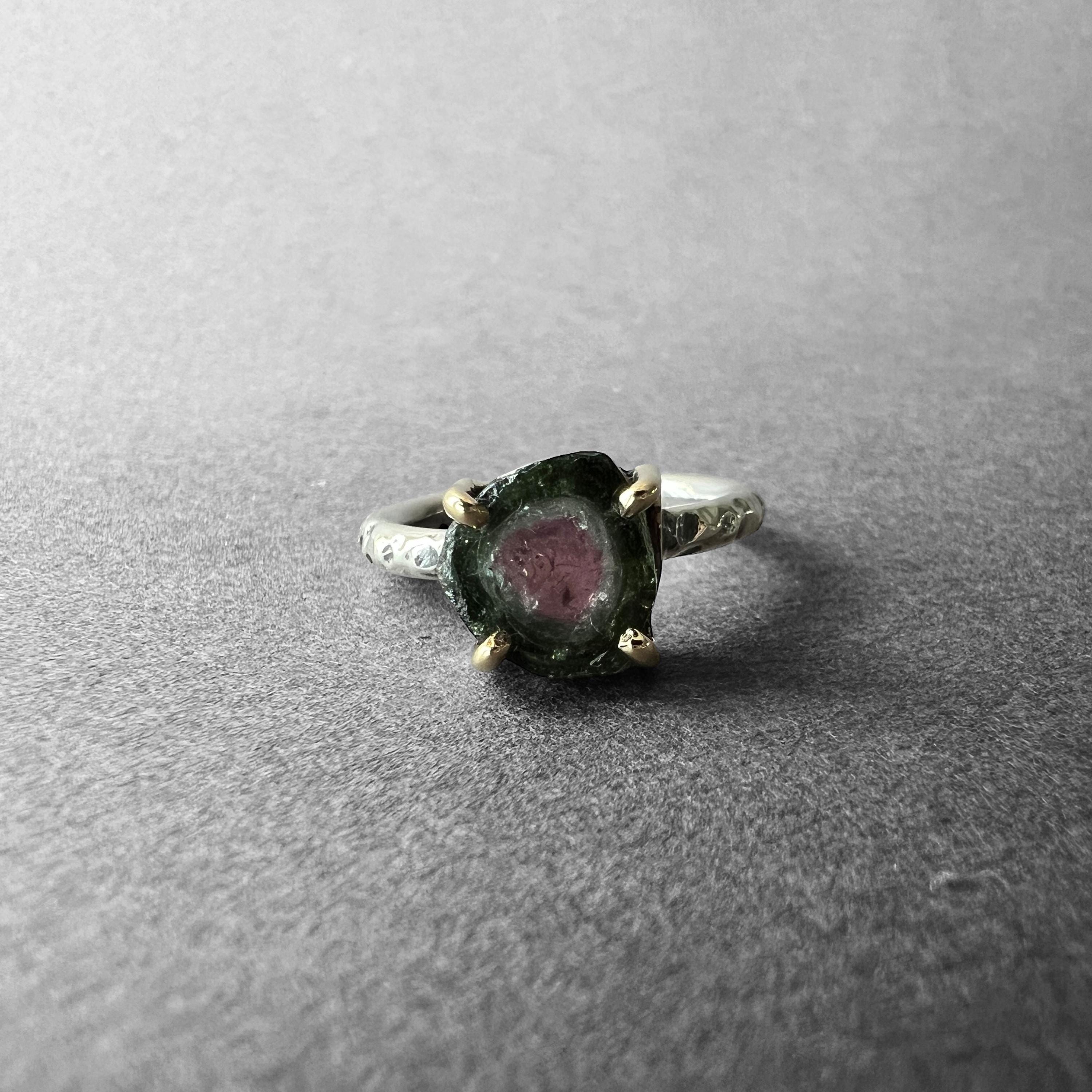 Watermelon Tourmaline Crystal Slice Silver And 14k Gold Ring, One-of-a-kind Jewelry From Turkuaznaturalstones Watermelon Tourmaline Crystal Slice Silver And 14k Gold Ring, One-of-a-kind Jewelry From Turkuaznaturalstones