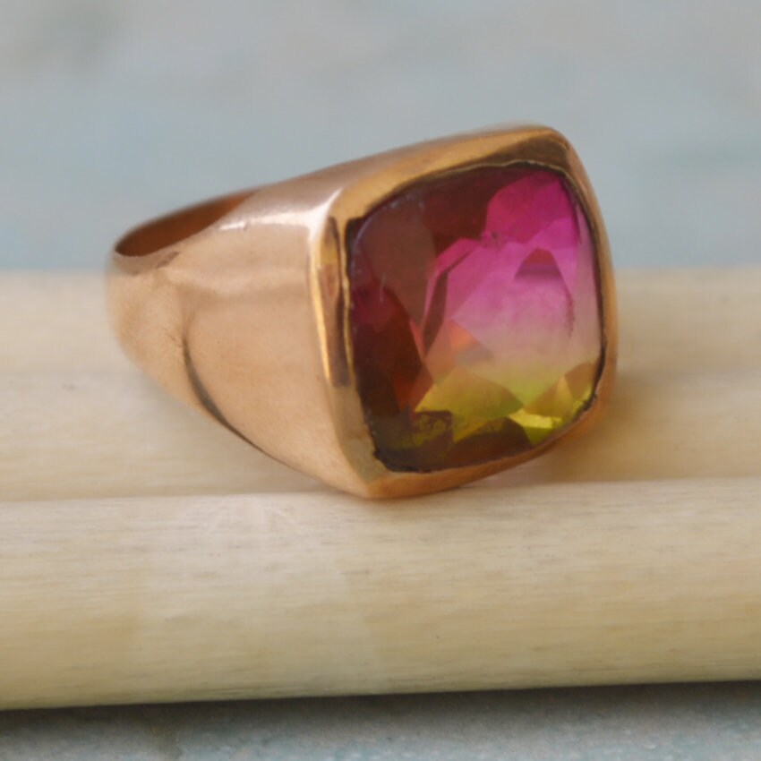 Cushion Cut Watermelon Tourmaline Ring: 925 Sterling Silver, Gold Fill Signet Cushion Cut Watermelon Tourmaline Ring: 925 Sterling Silver, Gold Fill Signet