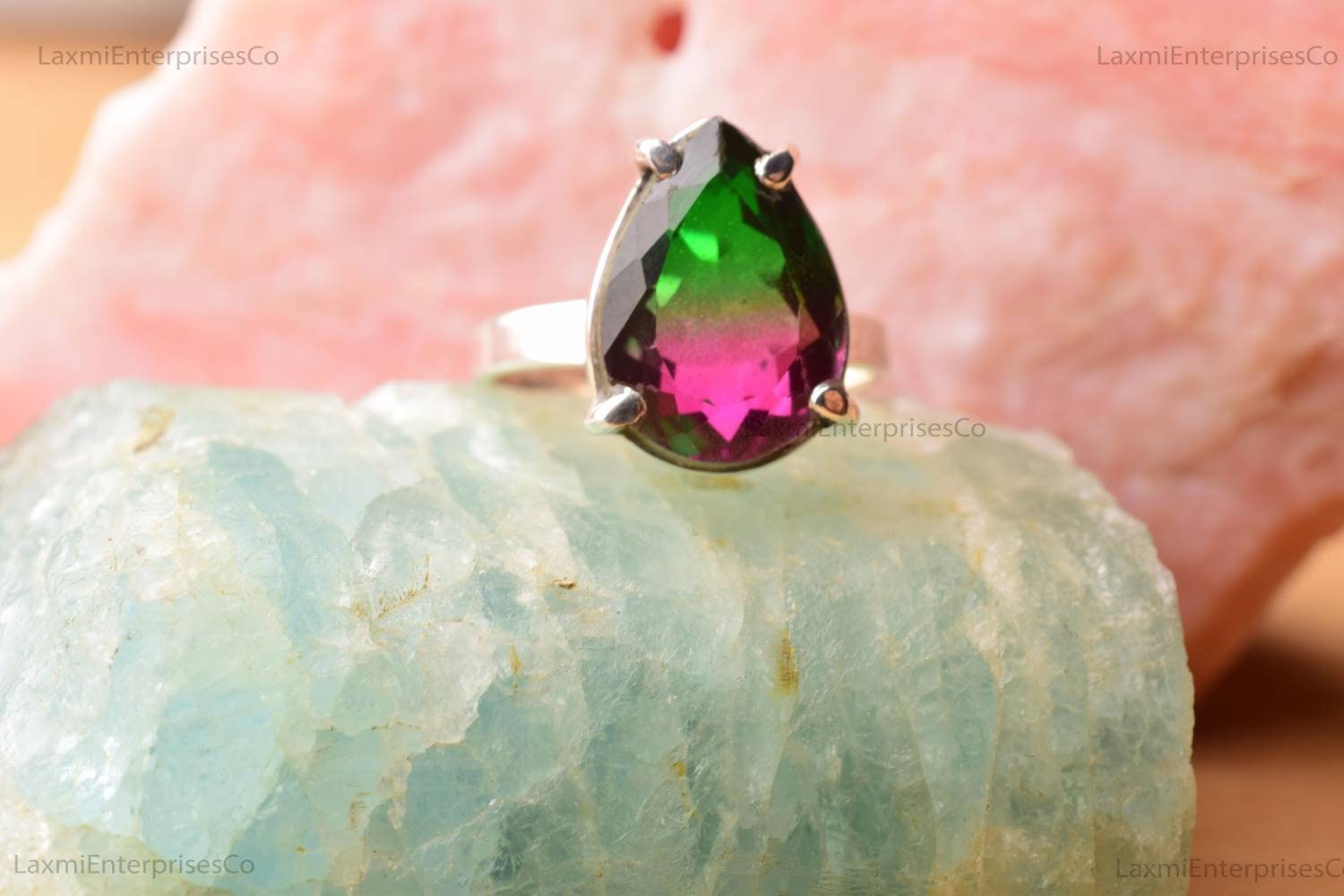 Designer Watermelon Tourmaline Quartz Ring In 925 Sterling Silver, Handmade Artisan Statement Ring, Unique Gift For Her