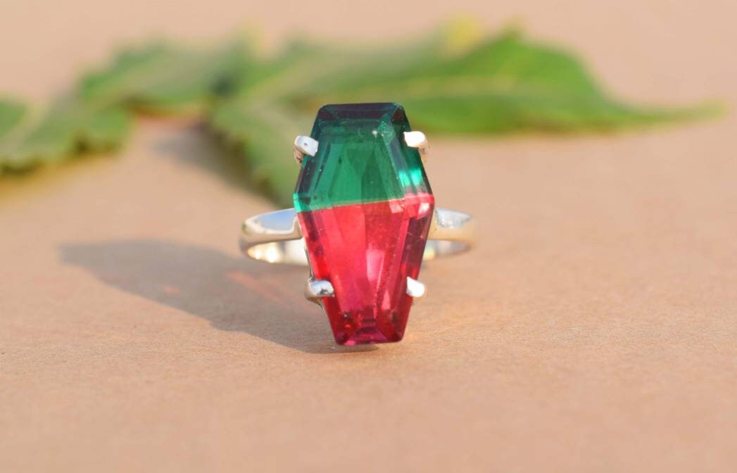 Designer Watermelon Tourmaline Quartz Ring In 925 Sterling Silver, Artisan Ring, Silver Jewelry, Designer Ring, Coffin, Handmade Ring, Gift