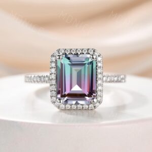 Emerald Cut Watermelon Tourmaline Ring, Moissanite Halo Bridal Set Emerald Cut Watermelon Tourmaline Ring, Moissanite Halo Bridal Set
