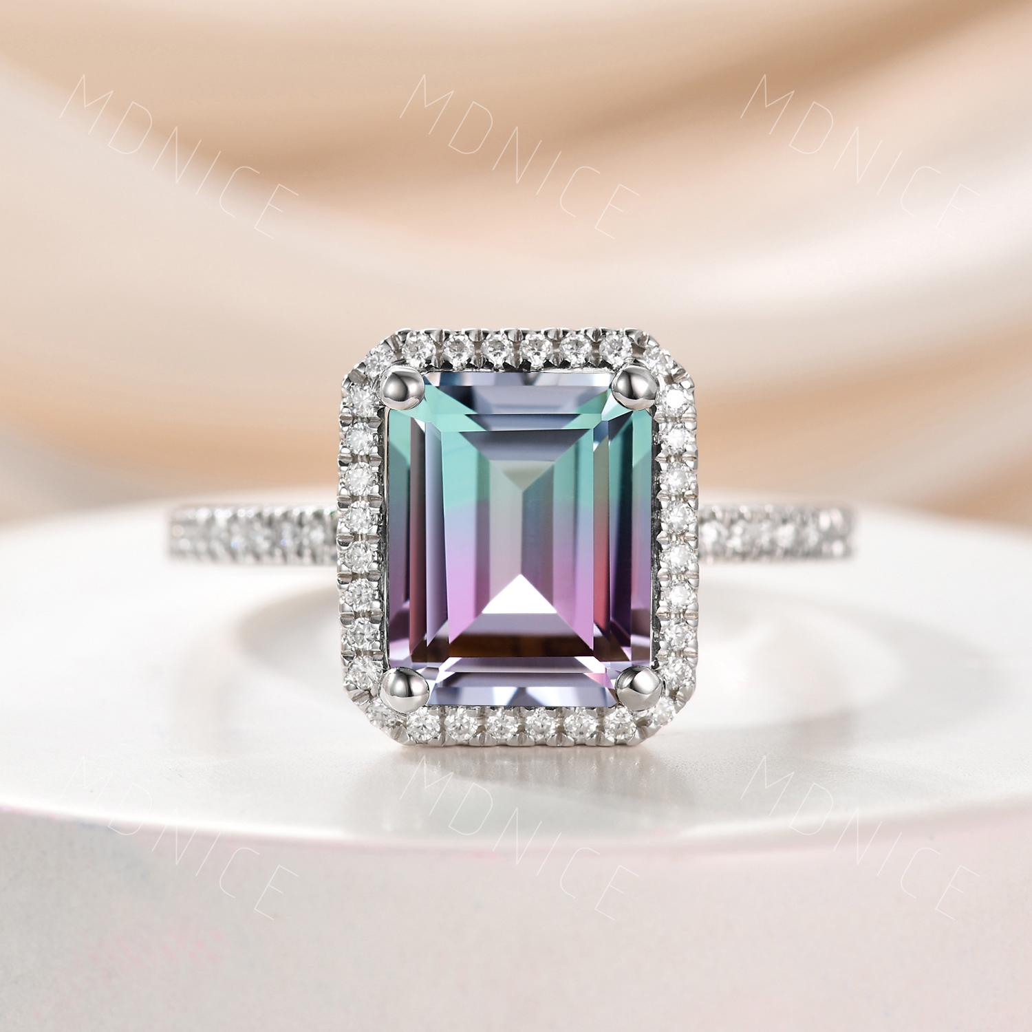Emerald Cut Watermelon Tourmaline Ring, Moissanite Halo Bridal Set