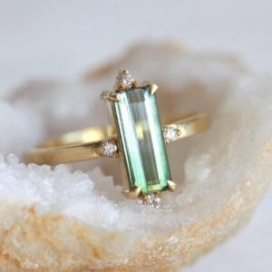 Watermelon Tourmaline Ring, Green Blue Engagement Ring, Gold Baguette Bicolor Ring