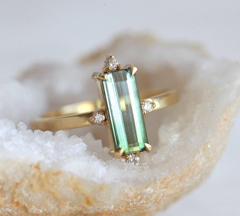 Watermelon Tourmaline Ring, Green Blue Engagement Ring, Gold Baguette Bicolor Ring