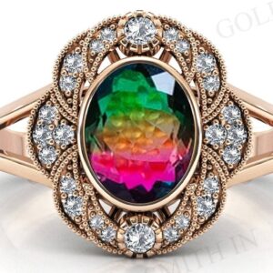 Watermelon Tourmaline Halo Engagement Ring Oval Cut Multi Color Tourmaline Bridal Ring Bio Color Gemstone Wedding Ring Vintage Promise Rings Watermelon Tourmaline Halo Engagement Ring Oval Cut Multi Color Tourmaline Bridal Ring Bio Color Gemstone Wedding Ring Vintage Promise Rings