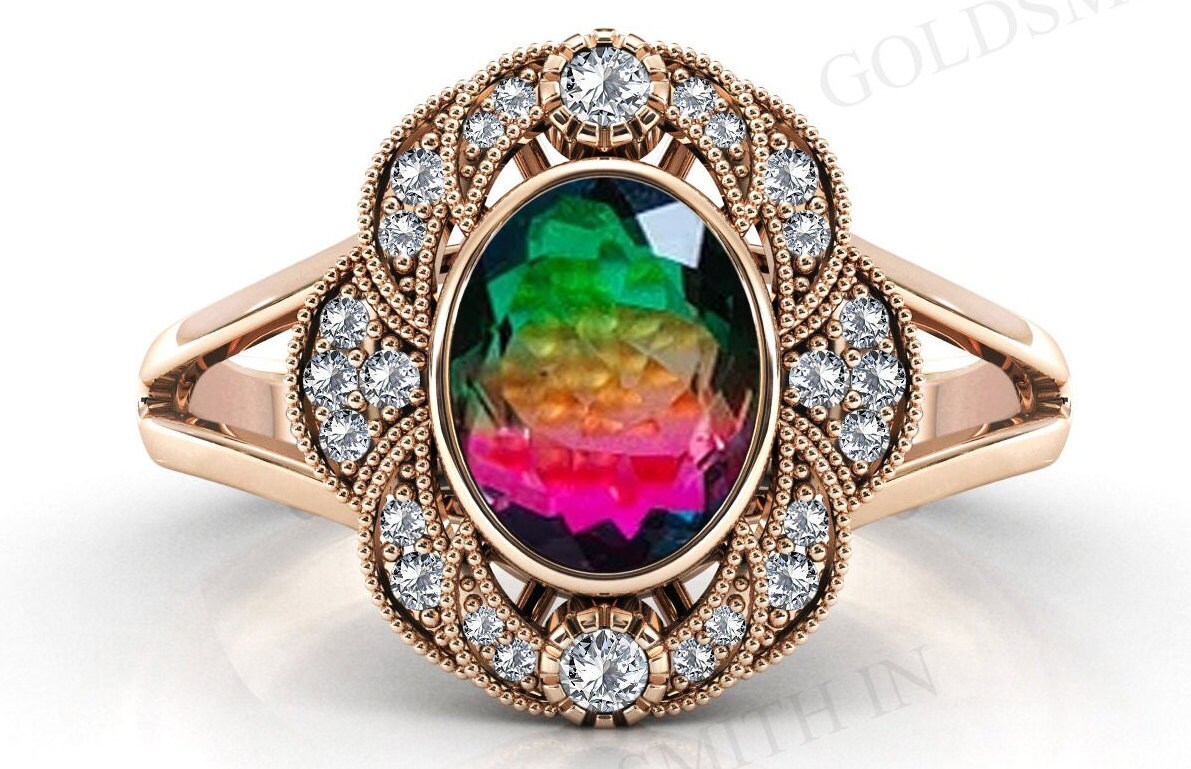 Watermelon Tourmaline Halo Engagement Ring Oval Cut Multi Color Tourmaline Bridal Ring Bio Color Gemstone Wedding Ring Vintage Promise Rings