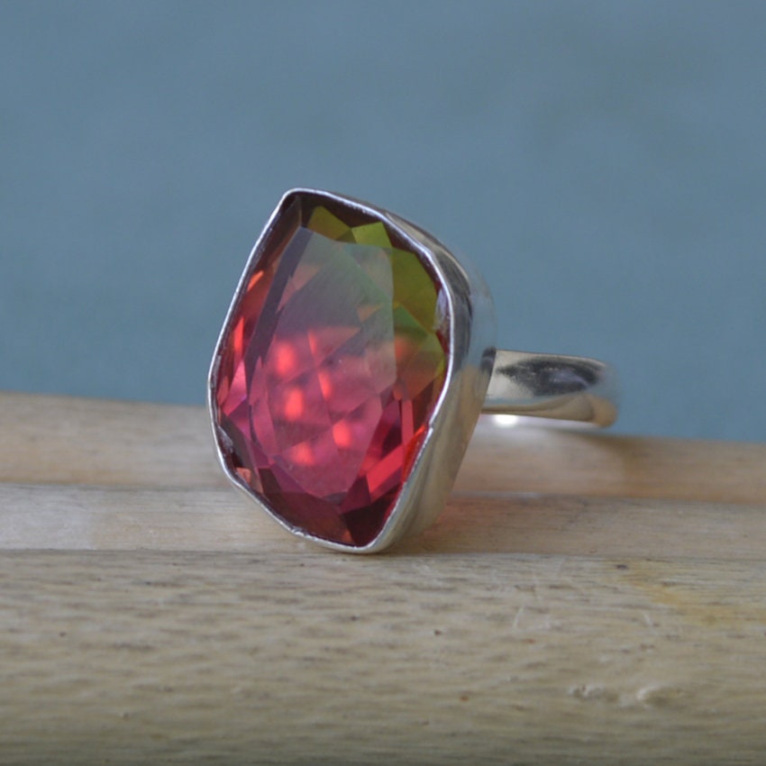 Leaf Watermelon Tourmaline Ring: Sterling Silver Statement Ring