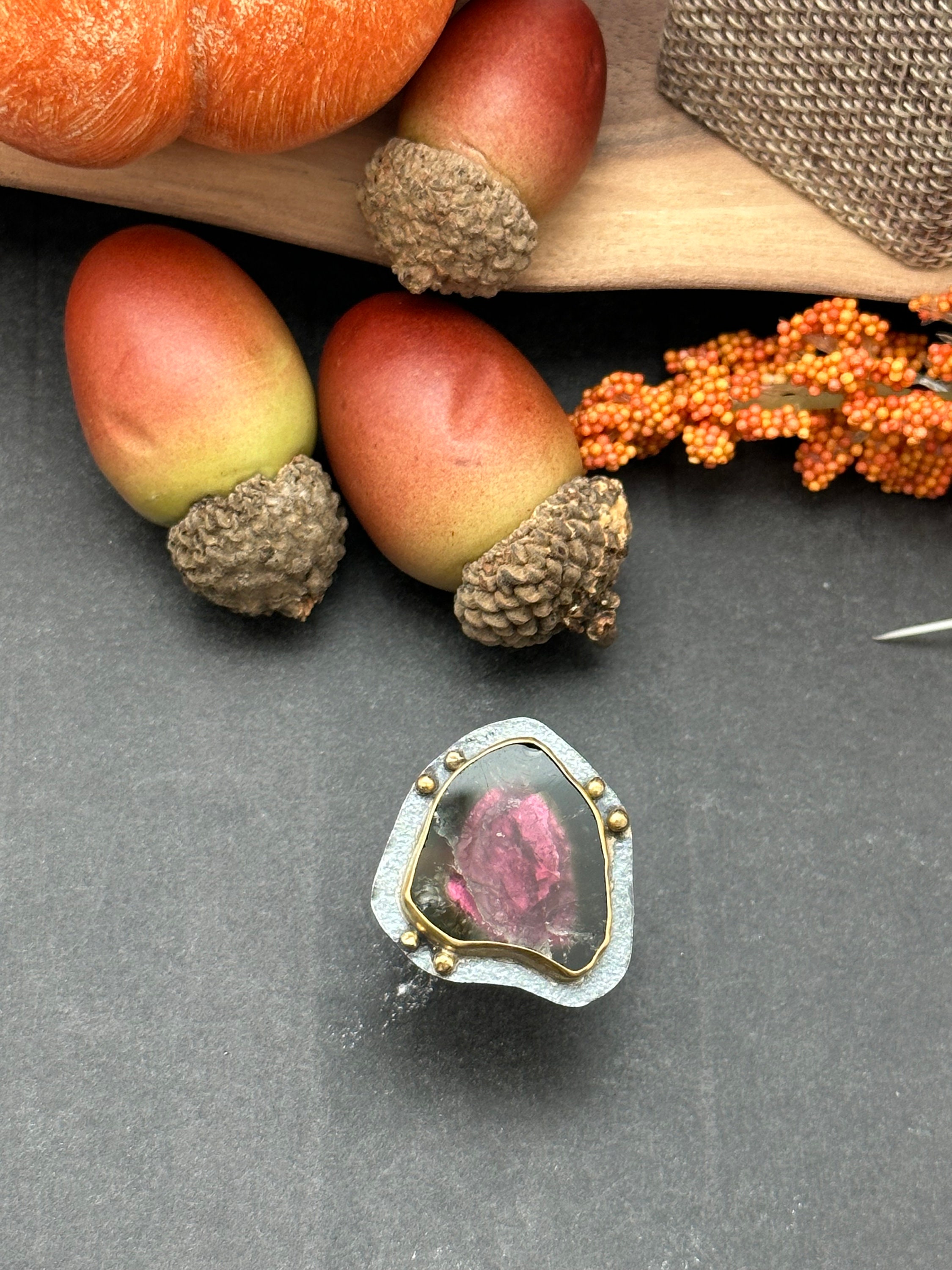 Watermelon Tourmaline Mixed Metals Artisan Ring