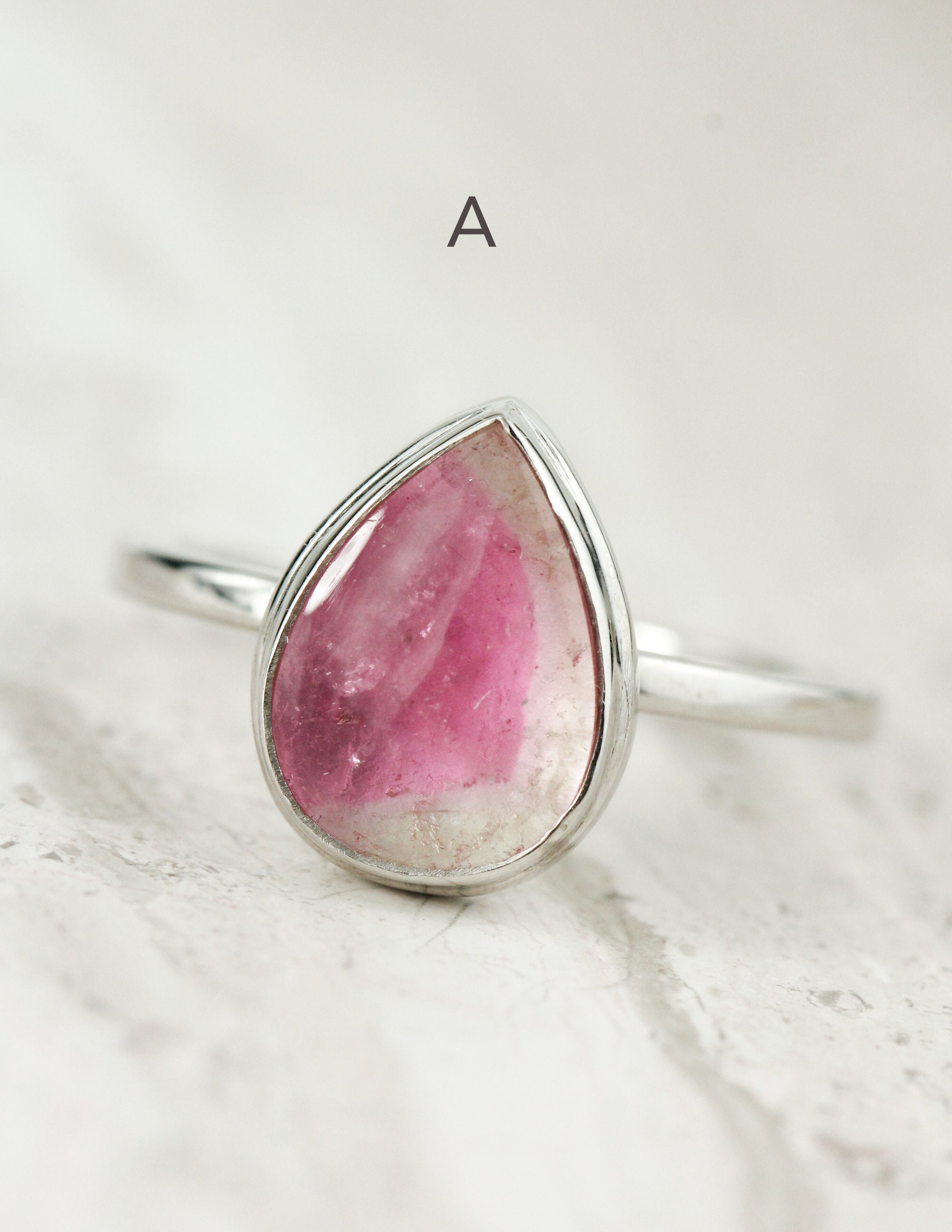 Pear Cut Watermelon Tourmaline Ring: Sterling Silver Bi-color Gemstone