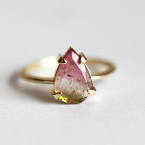 Watermelon Tourmaline Ring, Pink Gemstone Engagement Ring, Unique Pear Or Oval Bicolor Solitaire Ring