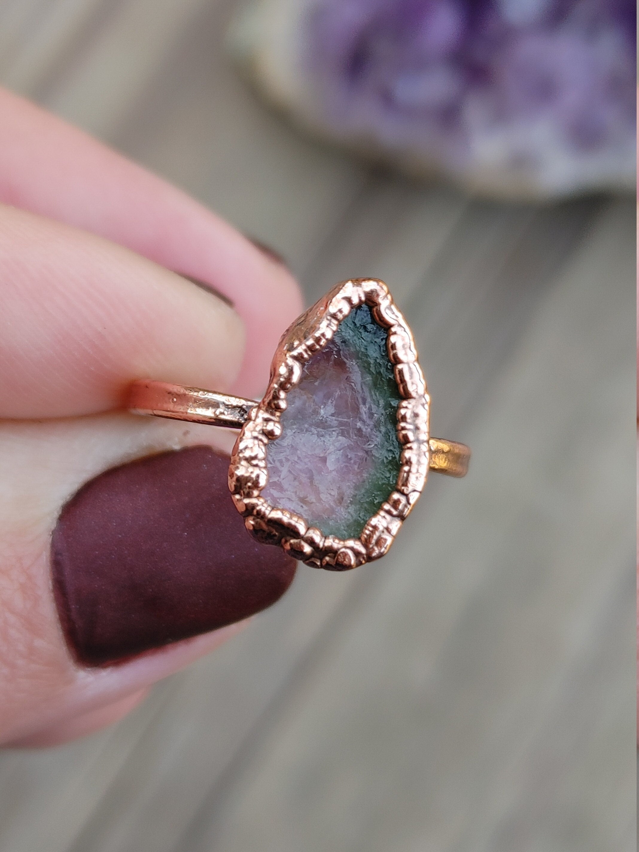 Raw Watermelon Tourmaline Ring / Natural Tourmaline Copper Ring / Watermelon Gemstone Ring / Raw Stone Ring / Bicolor Tourmaline Ring / Size 5.75