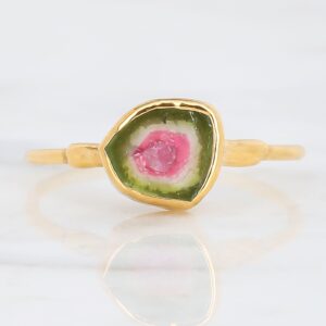 Raw Watermelon Tourmaline Slice Ring • 24k Gold Filled, Handmade