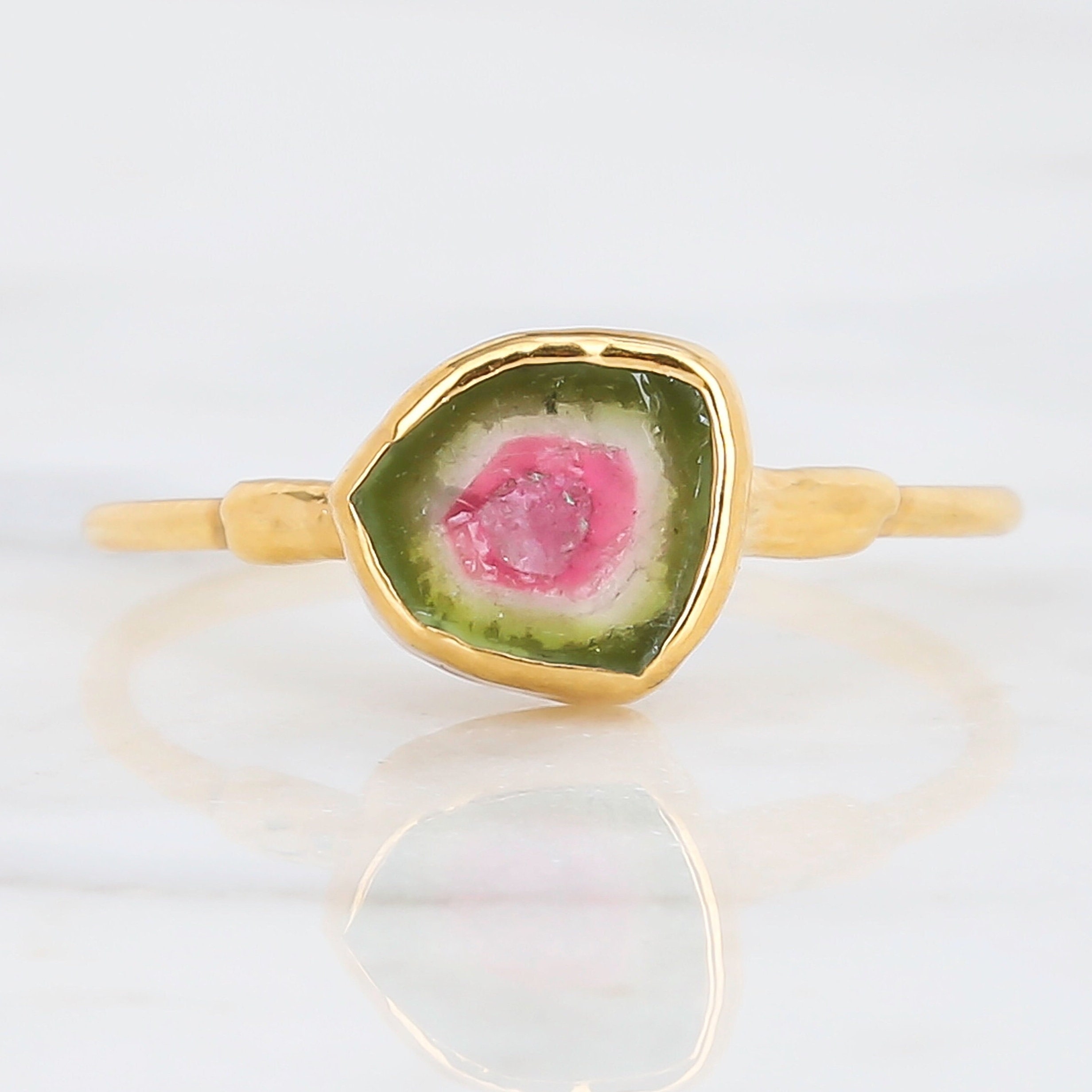 Raw Watermelon Tourmaline Slice Ring • 24k Gold Filled, Handmade