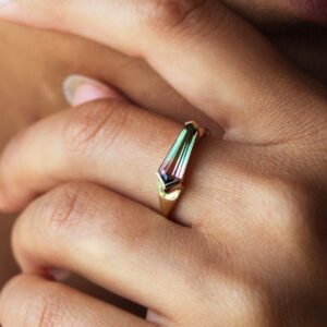 Shield Watermelon Tourmaline Ring, Unique Tourmaline Engagement Ring, Tourmaline Baguette Ring