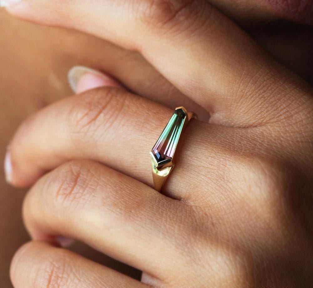 Shield Watermelon Tourmaline Ring, Unique Tourmaline Engagement Ring, Tourmaline Baguette Ring