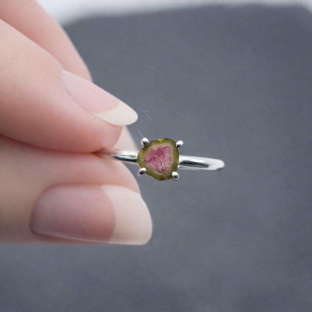 Watermelon Summer - Genuine Watermelon Tourmaline Slice Sterling Silver Ring - Size 5.5