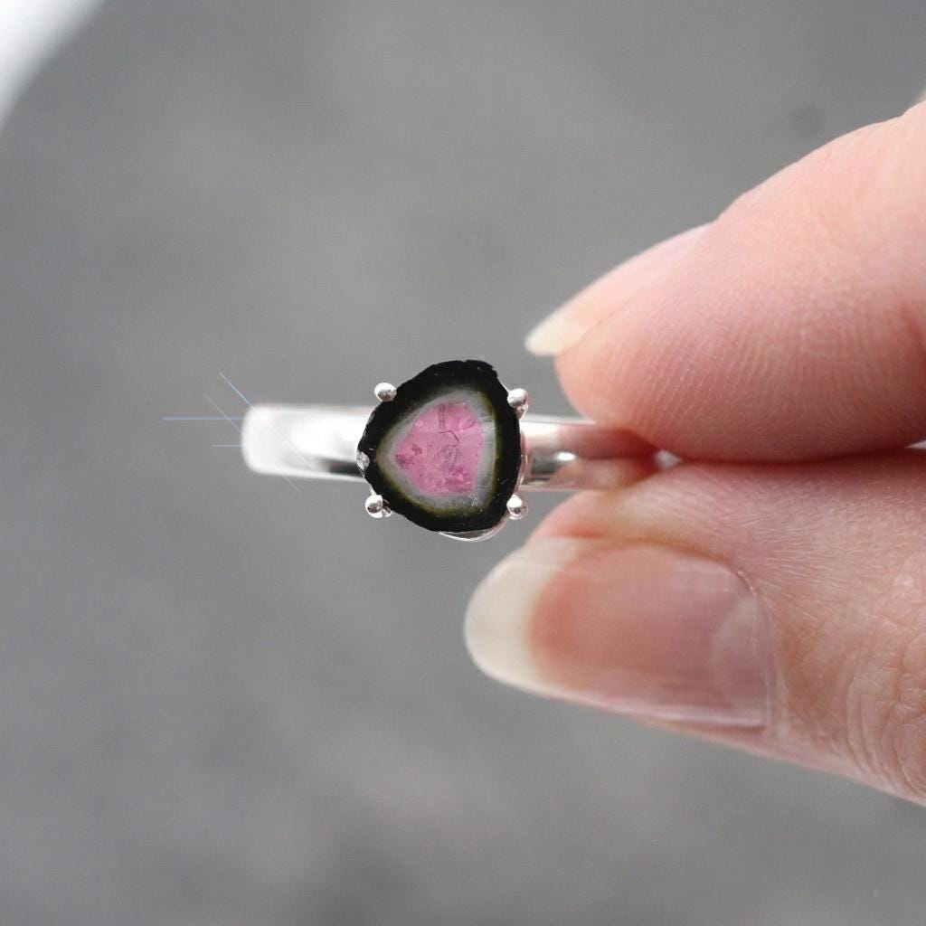 Watermelon Summer - Genuine Watermelon Tourmaline Slice Sterling Silver Ring - Size 8
