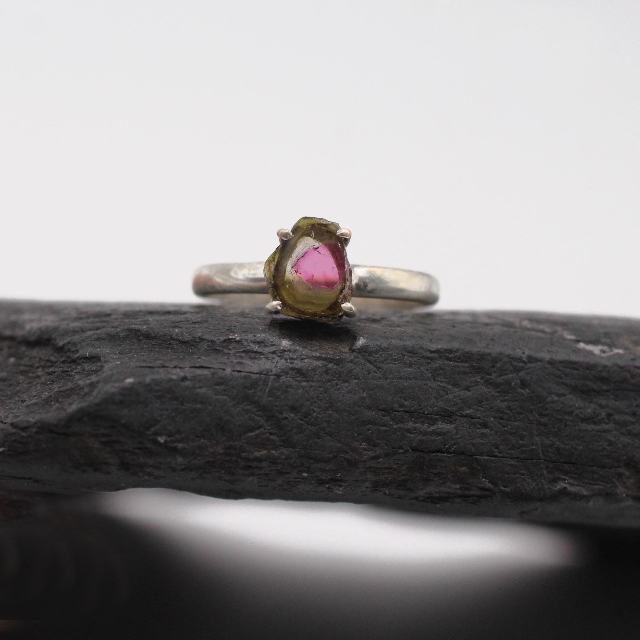 Watermelon Summer - Genuine Watermelon Tourmaline Slice Sterling Silver Ring - Size 9