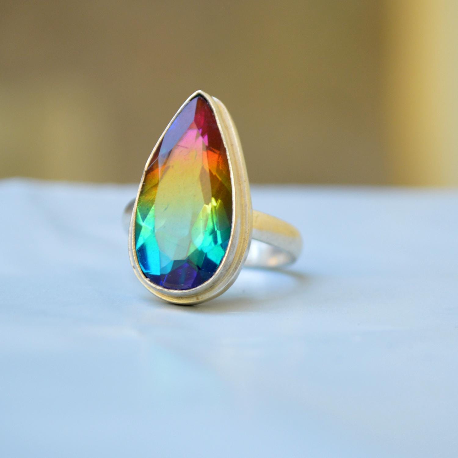 Teardrop Watermelon Tourmaline Sterling Silver Ring: Gold Fill Statement Ring