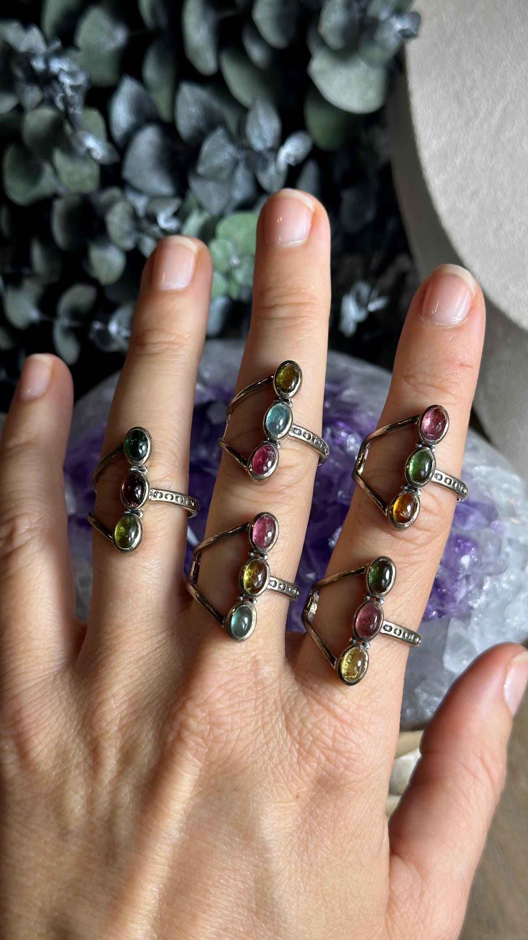 Three Stone Watermelon Tourmaline Ring .925 Sterling Silver