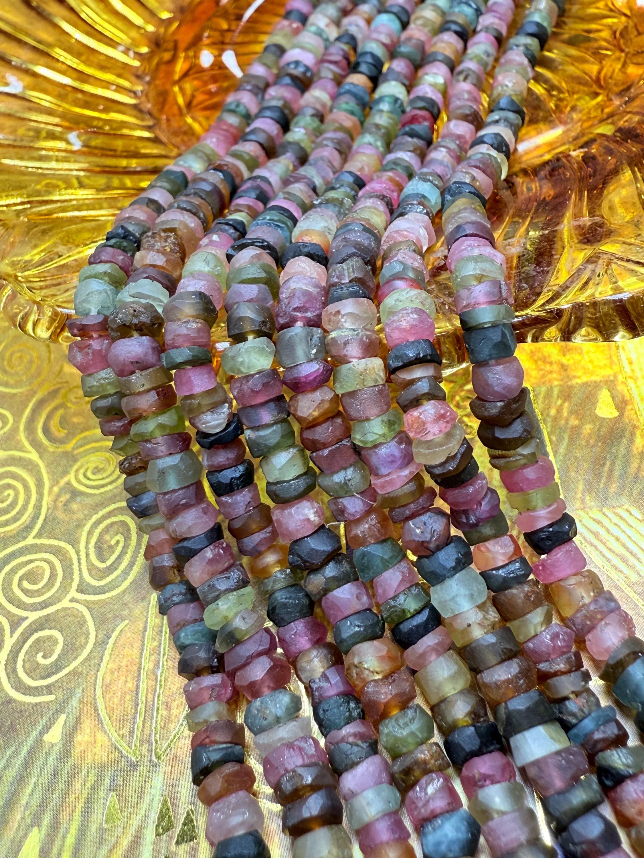 Watermelon Tourmaline Handcut Natural Rustic Matte Multi Coloured Gemstone Rondelles Beads 4mm Approx Hand Cut