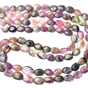 Watermelon Tourmaline - 15 Inches - Natural Hand Carved Watermelon Bi Tourmaline Carving Oval Shape - Size Is 7-10mm #1284 Watermelon Tourmaline - 15 Inches - Natural Hand Carved Watermelon Bi Tourmaline Carving Oval Shape - Size Is 7-10mm #1284