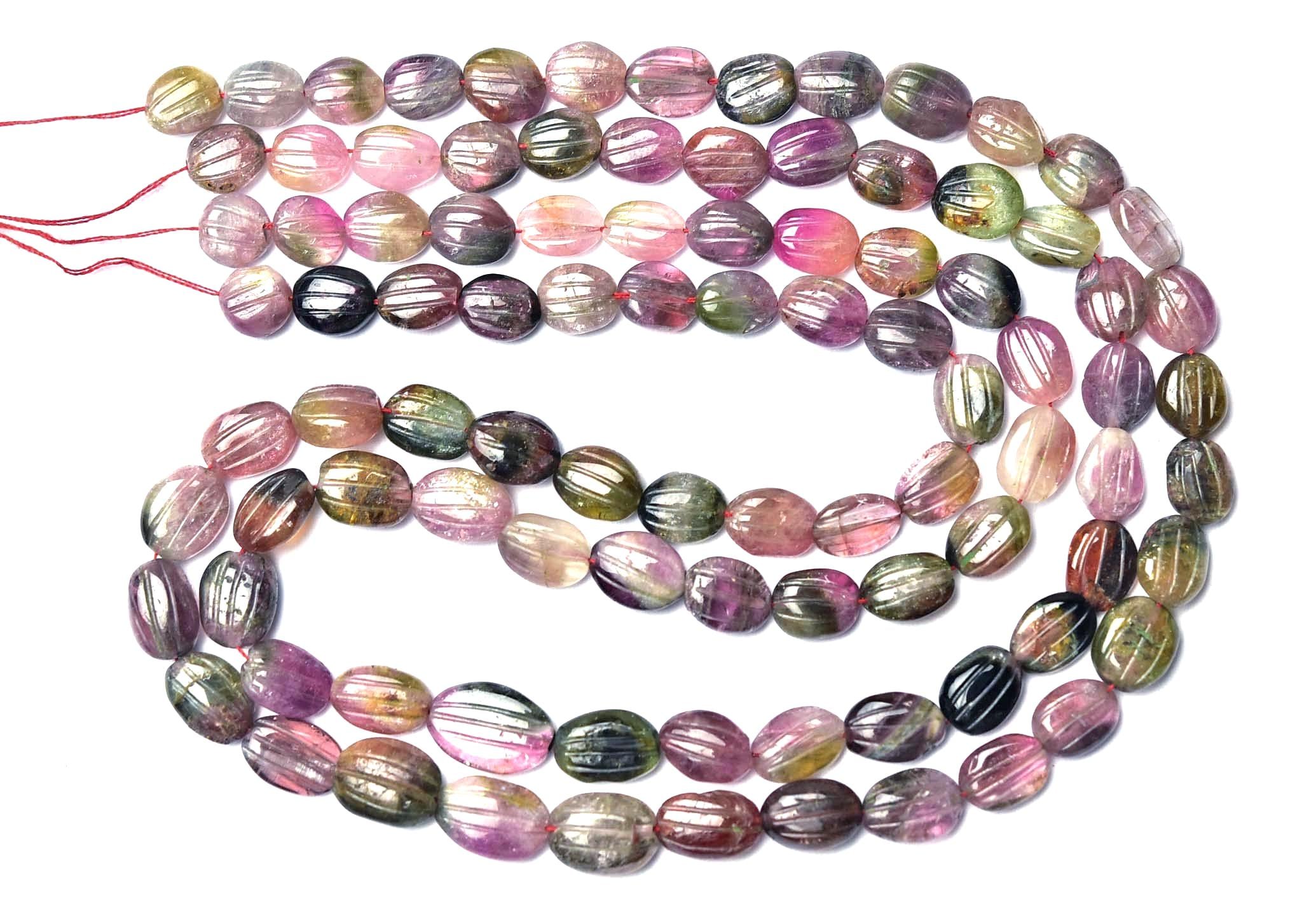 Watermelon Tourmaline - 15 Inches - Natural Hand Carved Watermelon Bi Tourmaline Carving Oval Shape - Size Is 7-10mm #1284