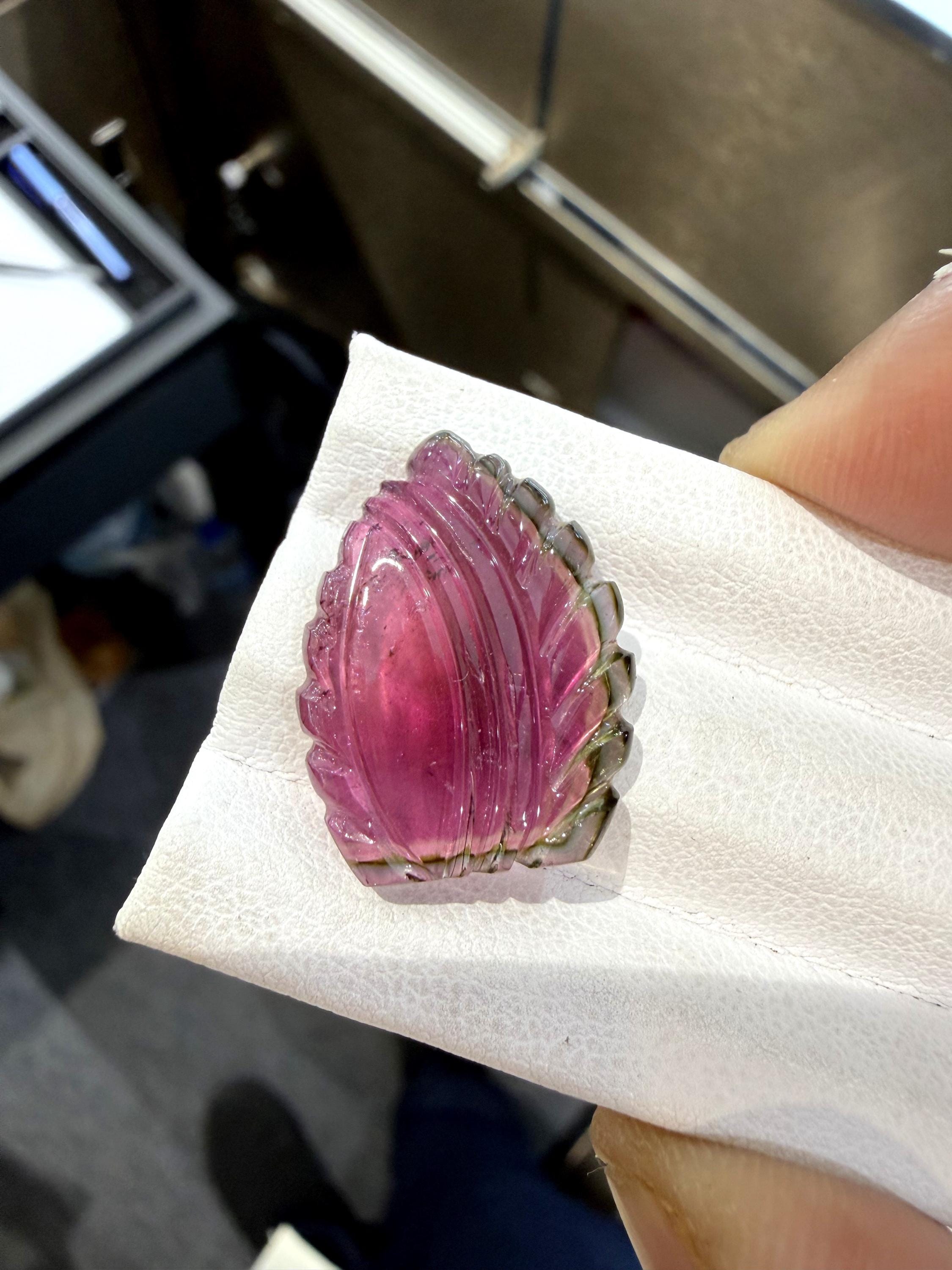Natural Watermelon Tourmaline Leaf Carving, 12.57 Ct, 21x16.90x3.90 Mm, Carved Tourmaline For Making Jewelry