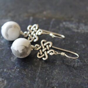 White Howlite Celtic Knot Earrings, Antique Silver, Sterling Silver