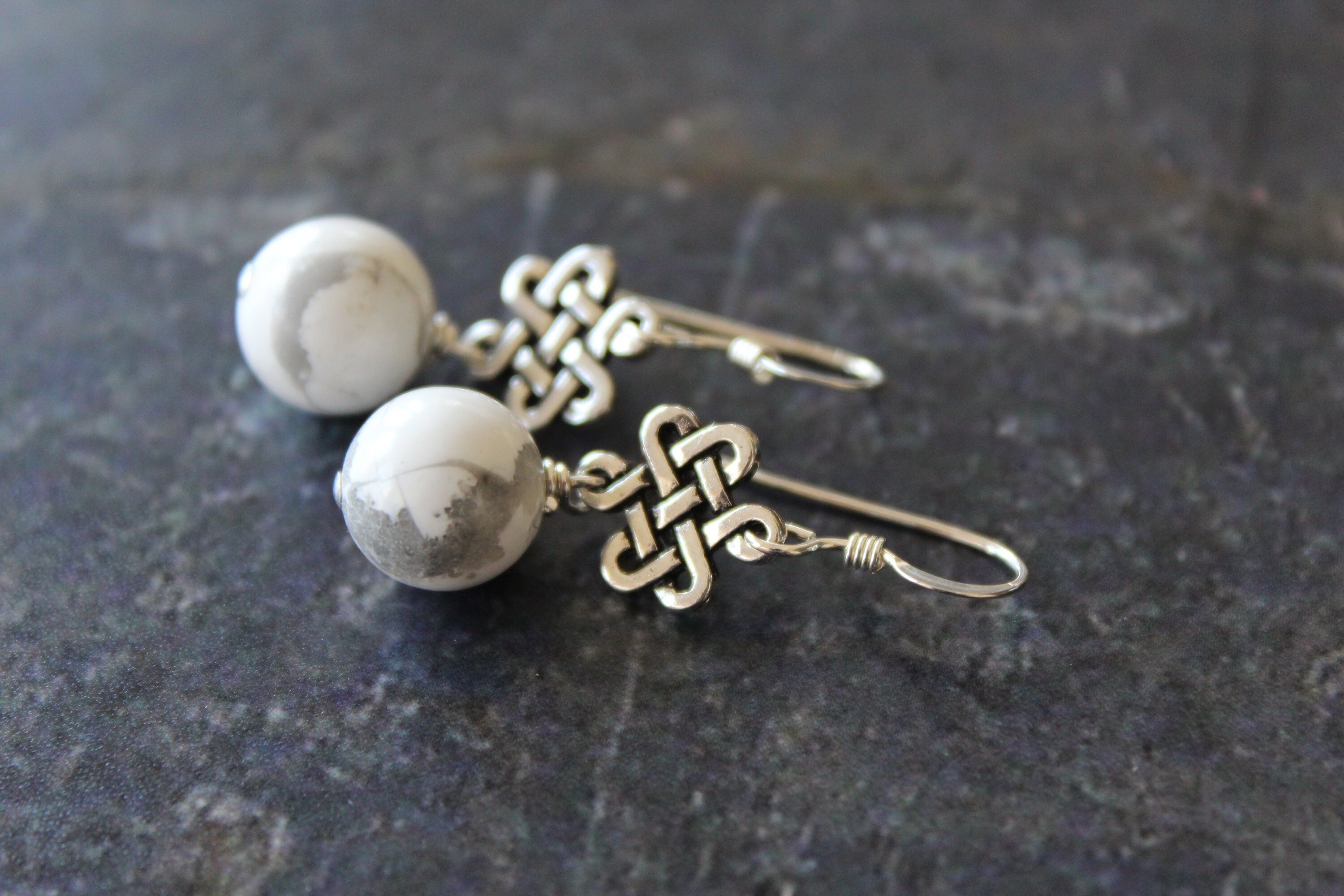 White Howlite Celtic Knot Earrings, Antique Silver, Sterling Silver White Howlite Celtic Knot Earrings, Antique Silver, Sterling Silver