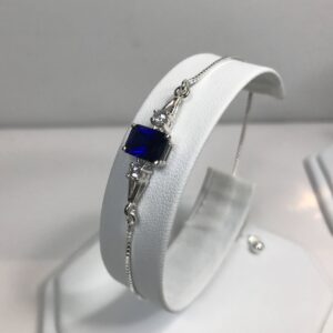 2ct Emerald Cut Sapphire Bolo Bracelet: Sterling Silver, White Sapphire Accents