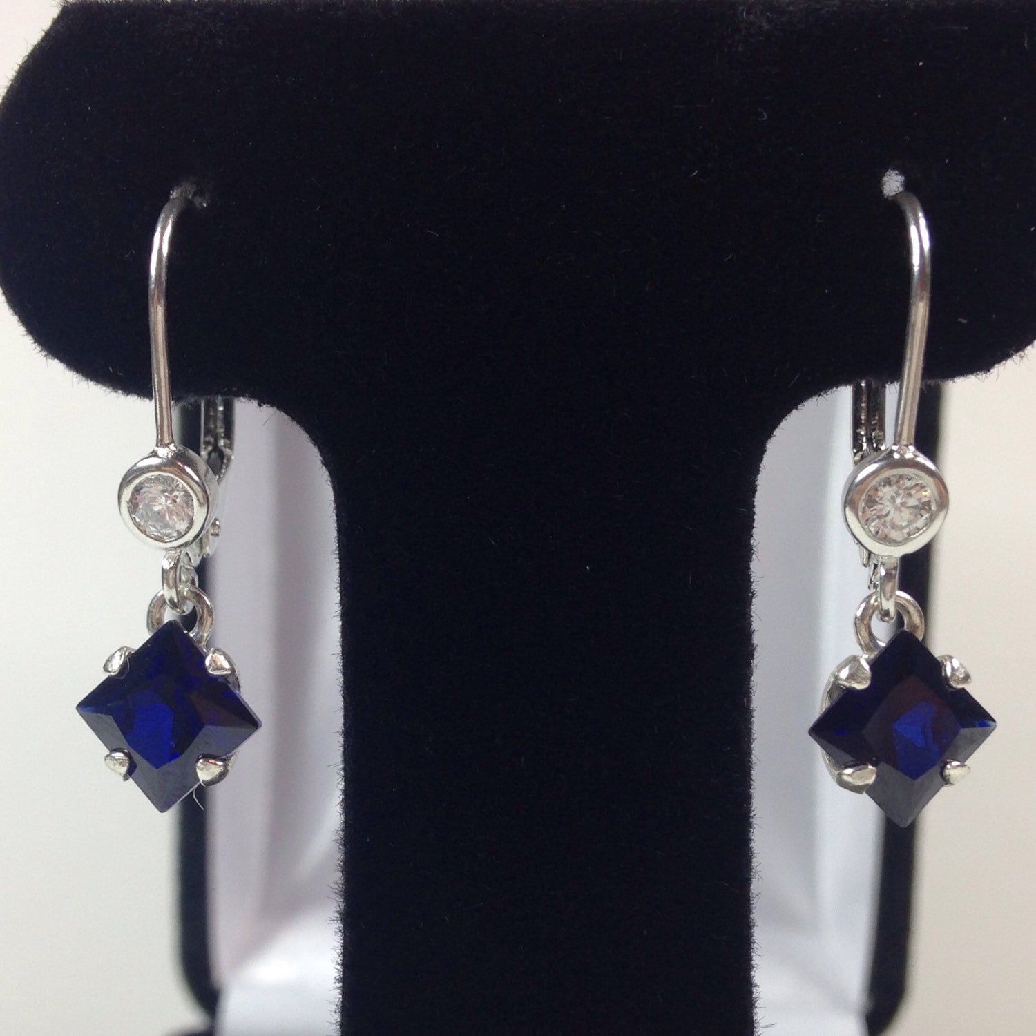 3ctw Princess Cut Sapphire Earrings Blue & White Sapphire Leverback Jewelry Gift
