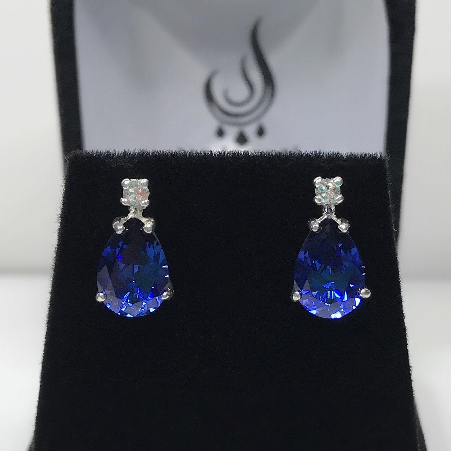 5ctw Pear Cut Sapphire Earrings Blue & White Sapphire Bridal Jewelry Gift Teardrop Sapphires 5ctw Pear Cut Sapphire Earrings Blue & White Sapphire Bridal Jewelry Gift Teardrop Sapphires