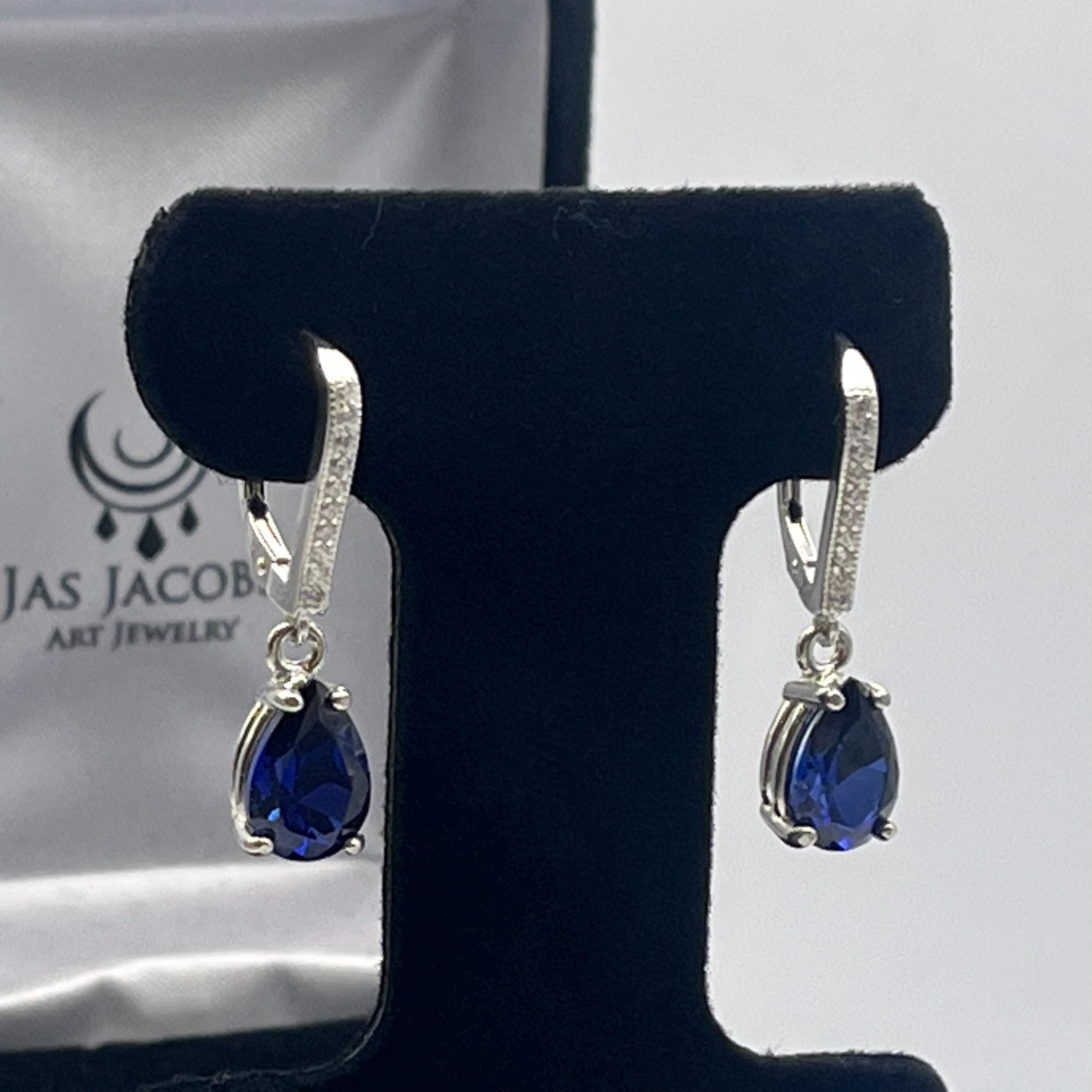 6ctw Blue & White Sapphire Earrings Teardrop Dangle September Birthstone Gift Jewel 6ctw Blue & White Sapphire Earrings Teardrop Dangle September Birthstone Gift Jewel