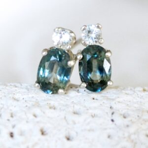 Stud Earrings: Teal And White Sapphire, Sterling Silver, Birthday Gift