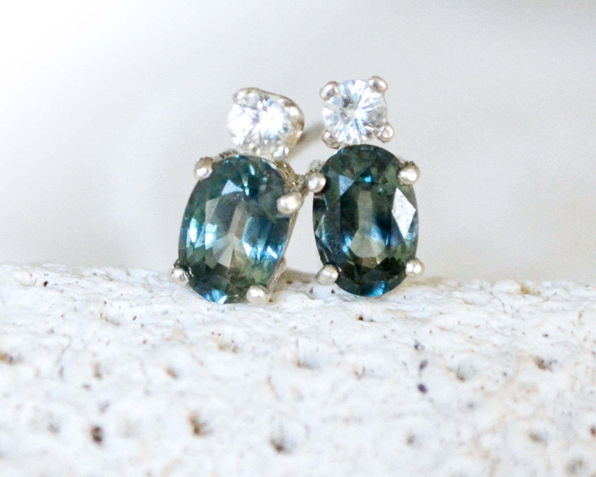 Stud Earrings: Teal And White Sapphire, Sterling Silver, Birthday Gift