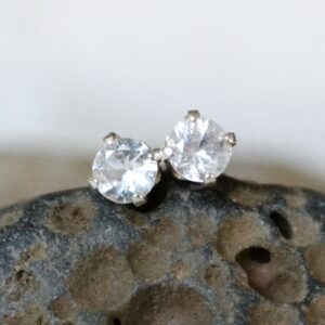 White Sapphire Stud Earrings: Tiny 2.5mm Ceylon Sapphires, Sterling Silver Or Gold