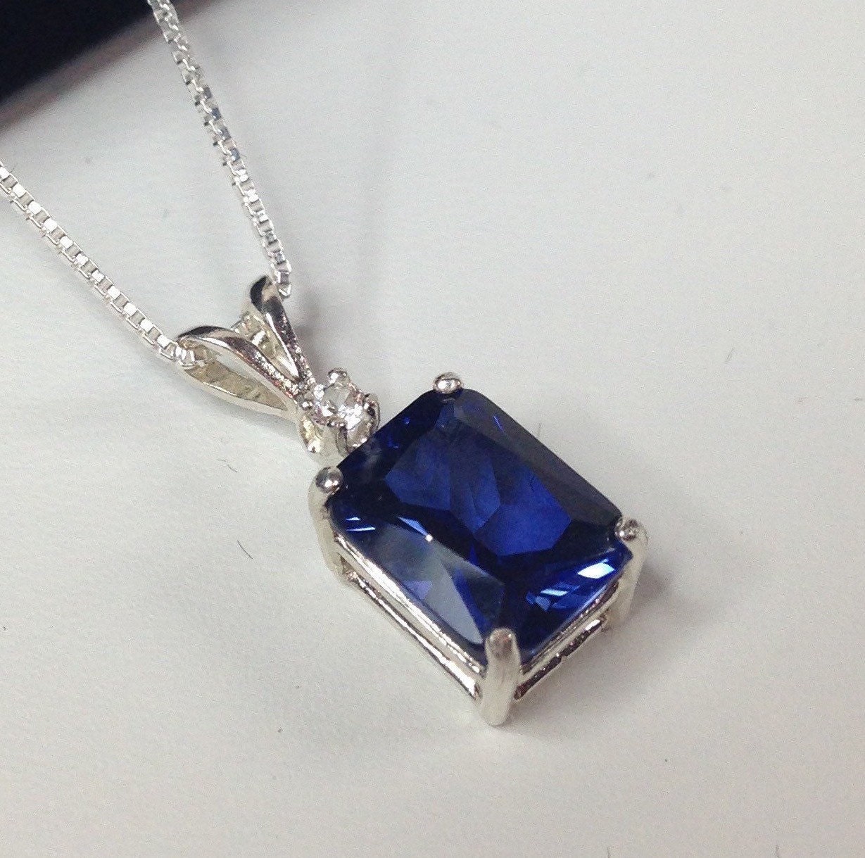 2ctw Emerald Cut Sapphire Pendant Necklace Blue & White Sapphire September Birthstone Jewelry Gift Bridal