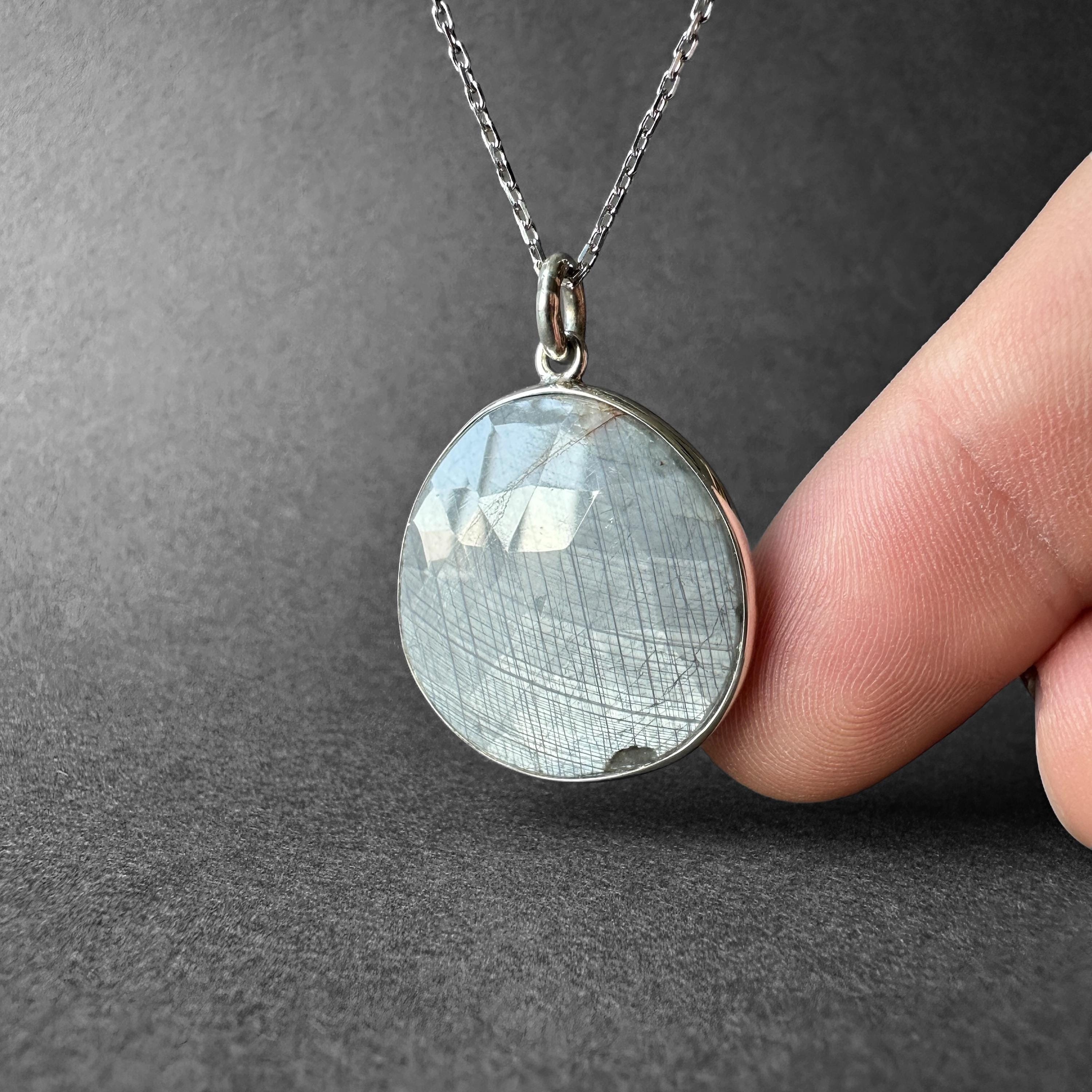 Natural White Sapphire Stone Silver Necklace, White And Gray Sapphire Pendant, Shimmering Cut, White Sapphire Men Necklace, Gift For Her